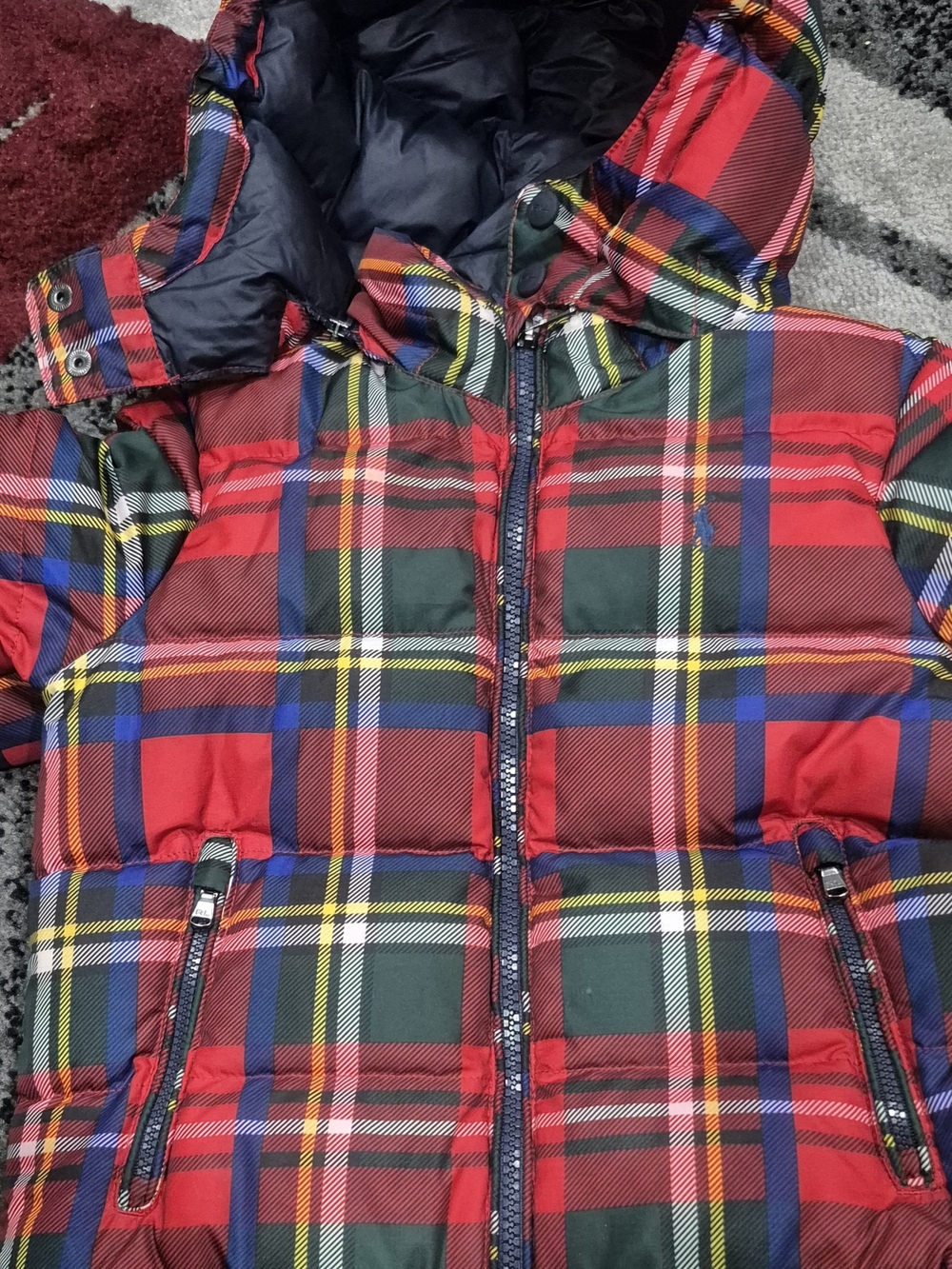 Polo by Ralph Lauren Red Plaid Hooded Puffer Jacket
